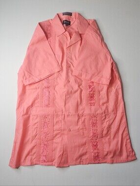 Omega Italy Guayabera Shirt Pink Embroidered Camp Collar 4 Pocket Men